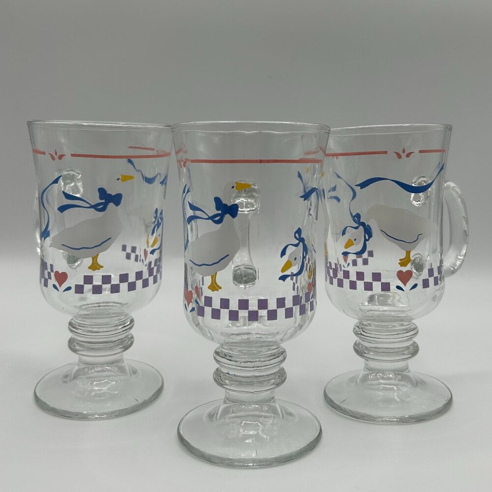 Libbey Geese Set of 3 Vintage Glass Mugs